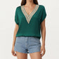 Short Sleeve V Neck Blouse with Crochet Trim Detail