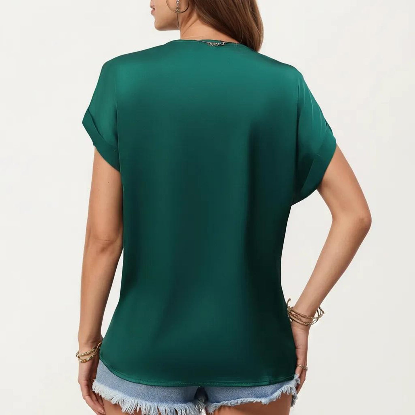 Short Sleeve V Neck Blouse with Crochet Trim Detail