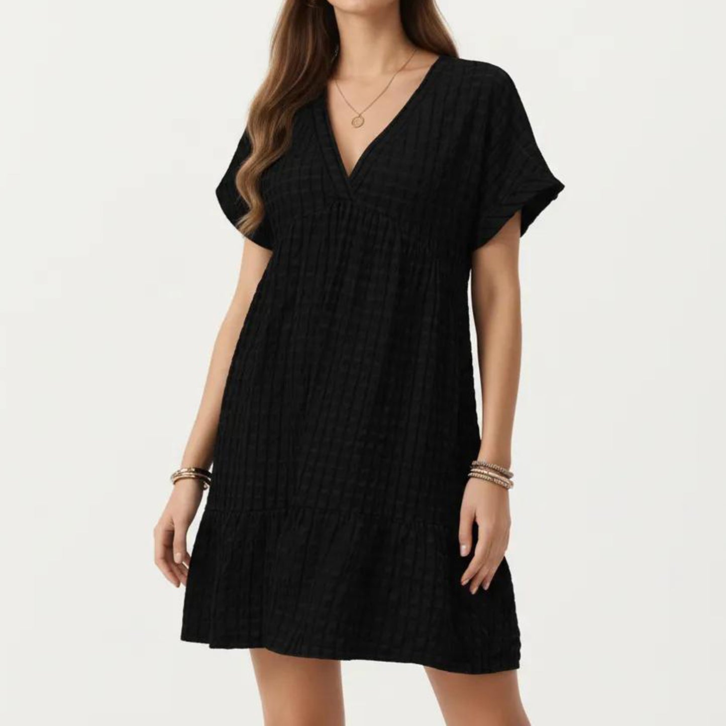 Short Sleeve V Neck Tiered Mini Dress with Gingham Pattern