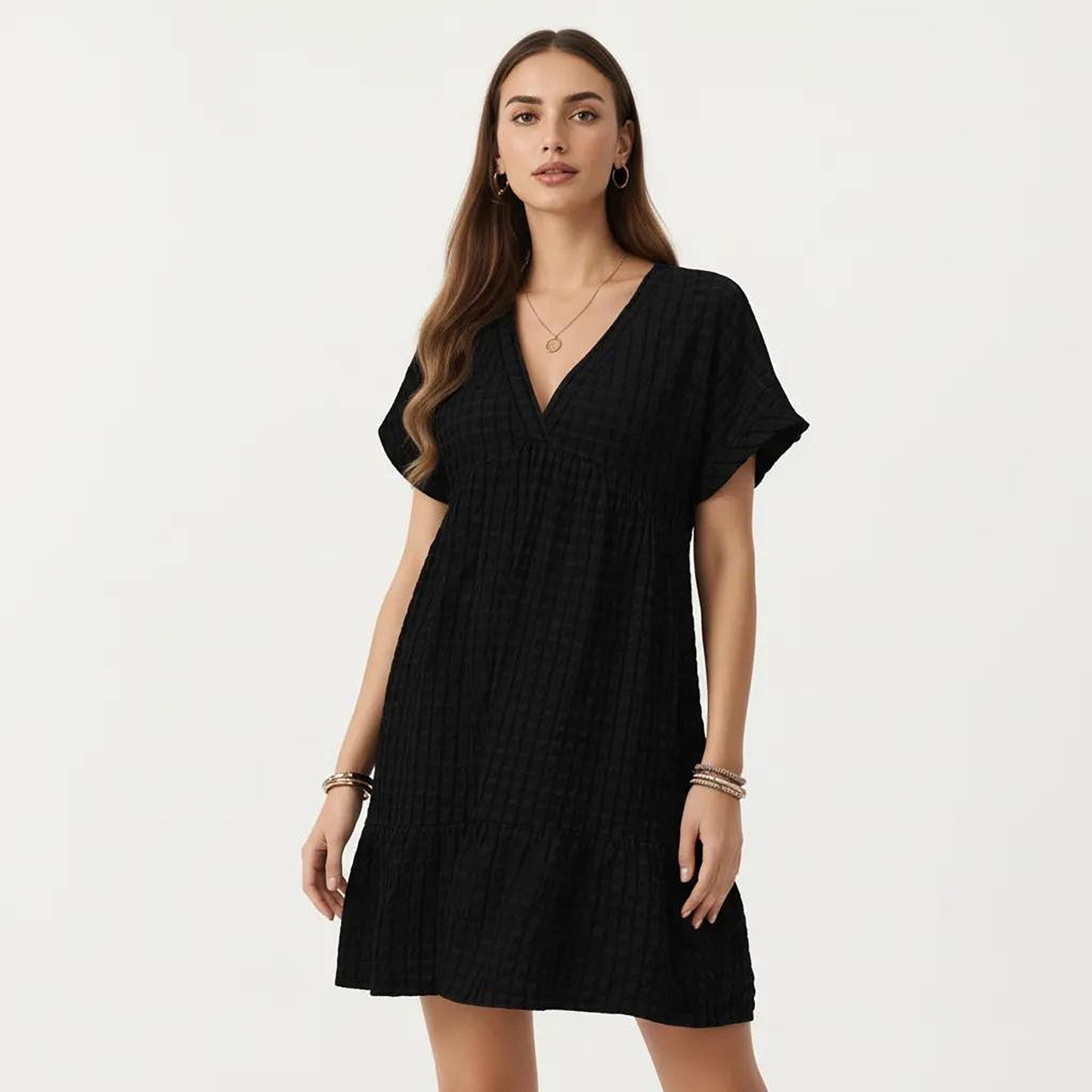 Short Sleeve V Neck Tiered Mini Dress with Gingham Pattern