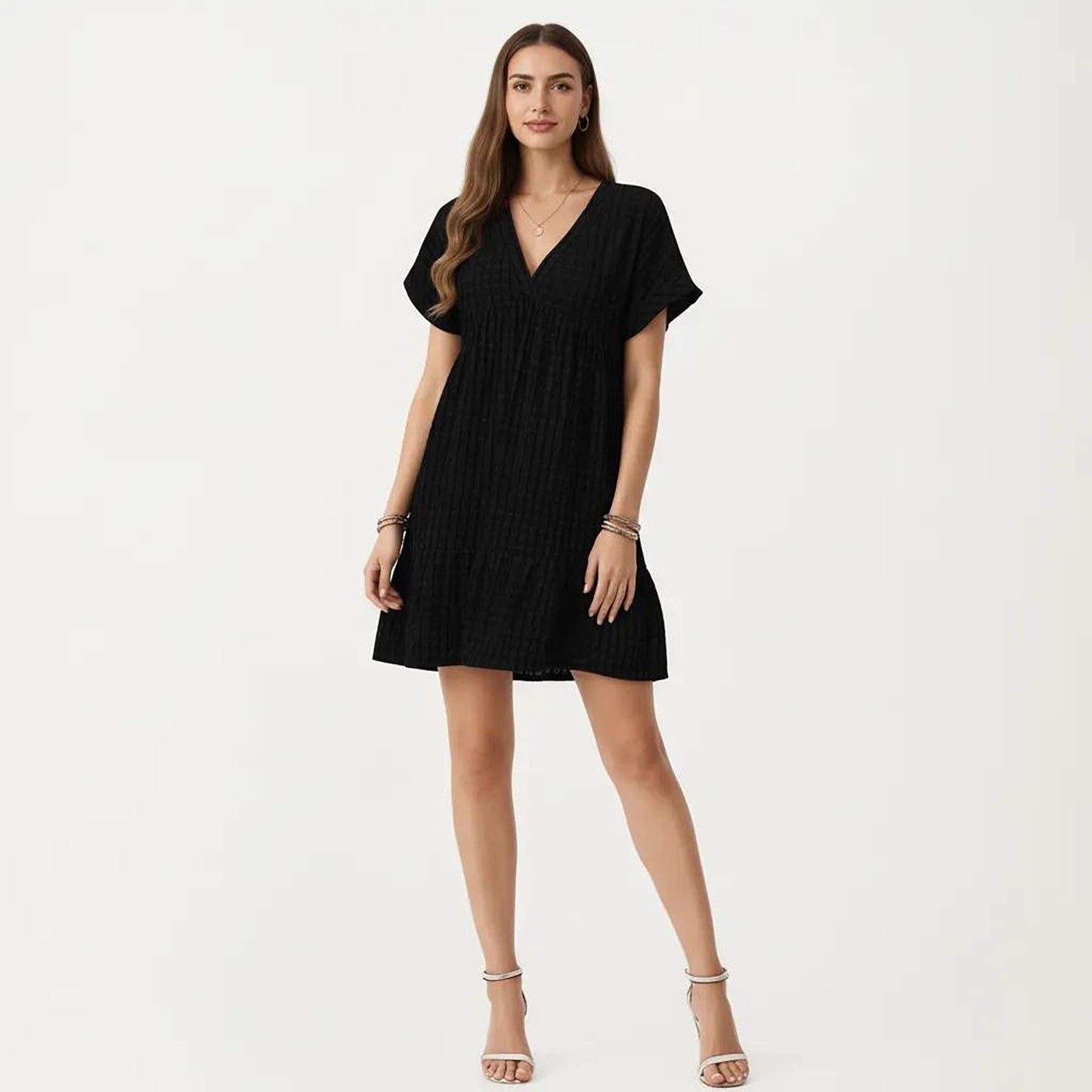 Short Sleeve V Neck Tiered Mini Dress with Gingham Pattern