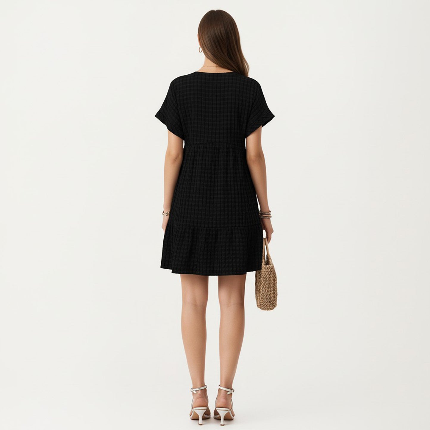 Short Sleeve V Neck Tiered Mini Dress with Gingham Pattern