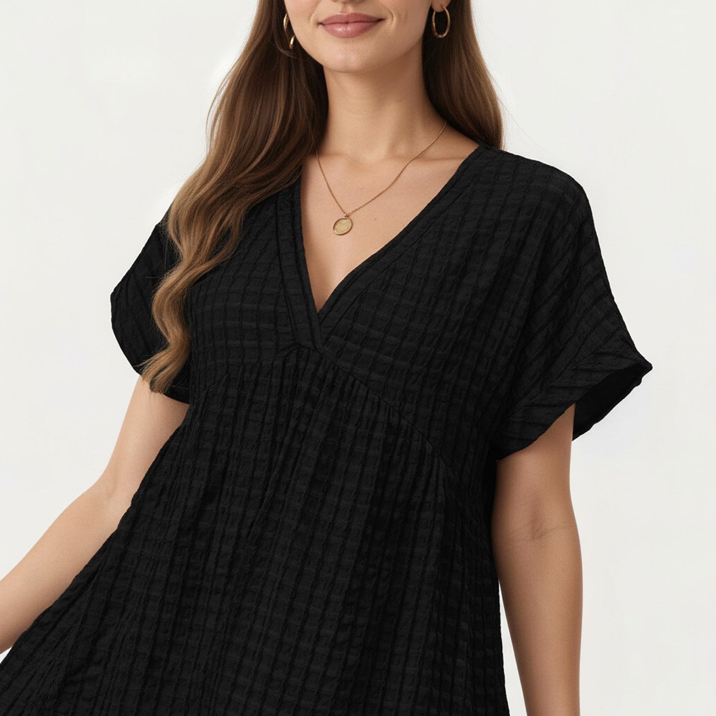 Short Sleeve V Neck Tiered Mini Dress with Gingham Pattern