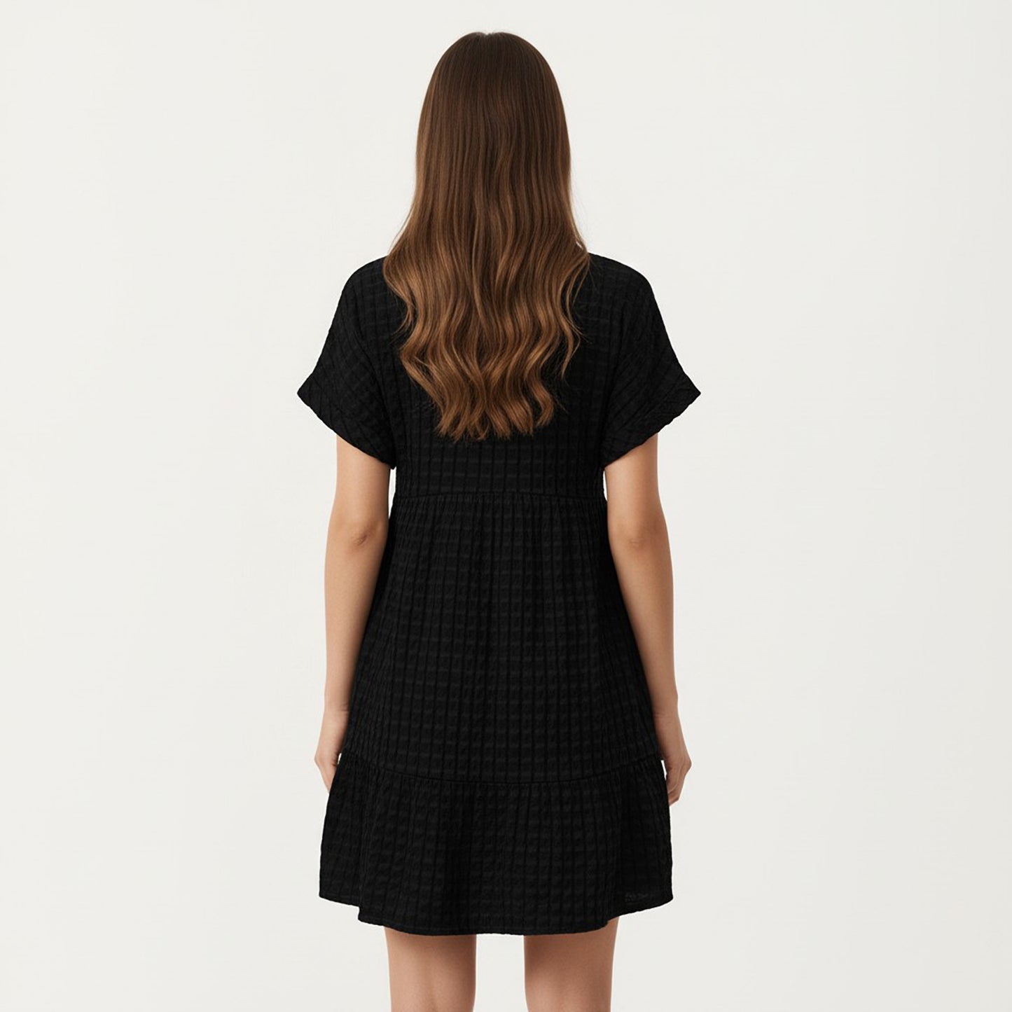 Short Sleeve V Neck Tiered Mini Dress with Gingham Pattern