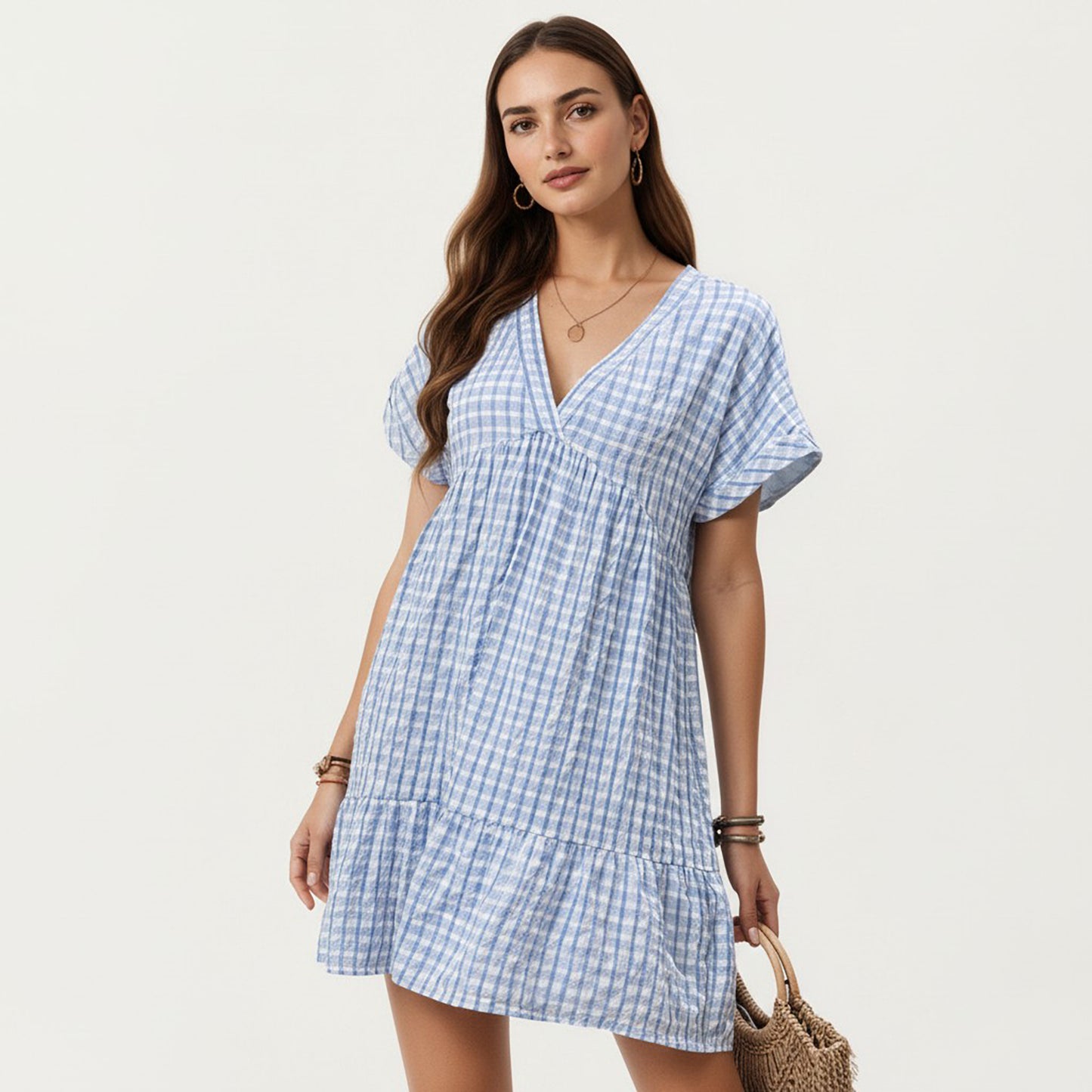 Short Sleeve V Neck Tiered Mini Dress with Gingham Pattern