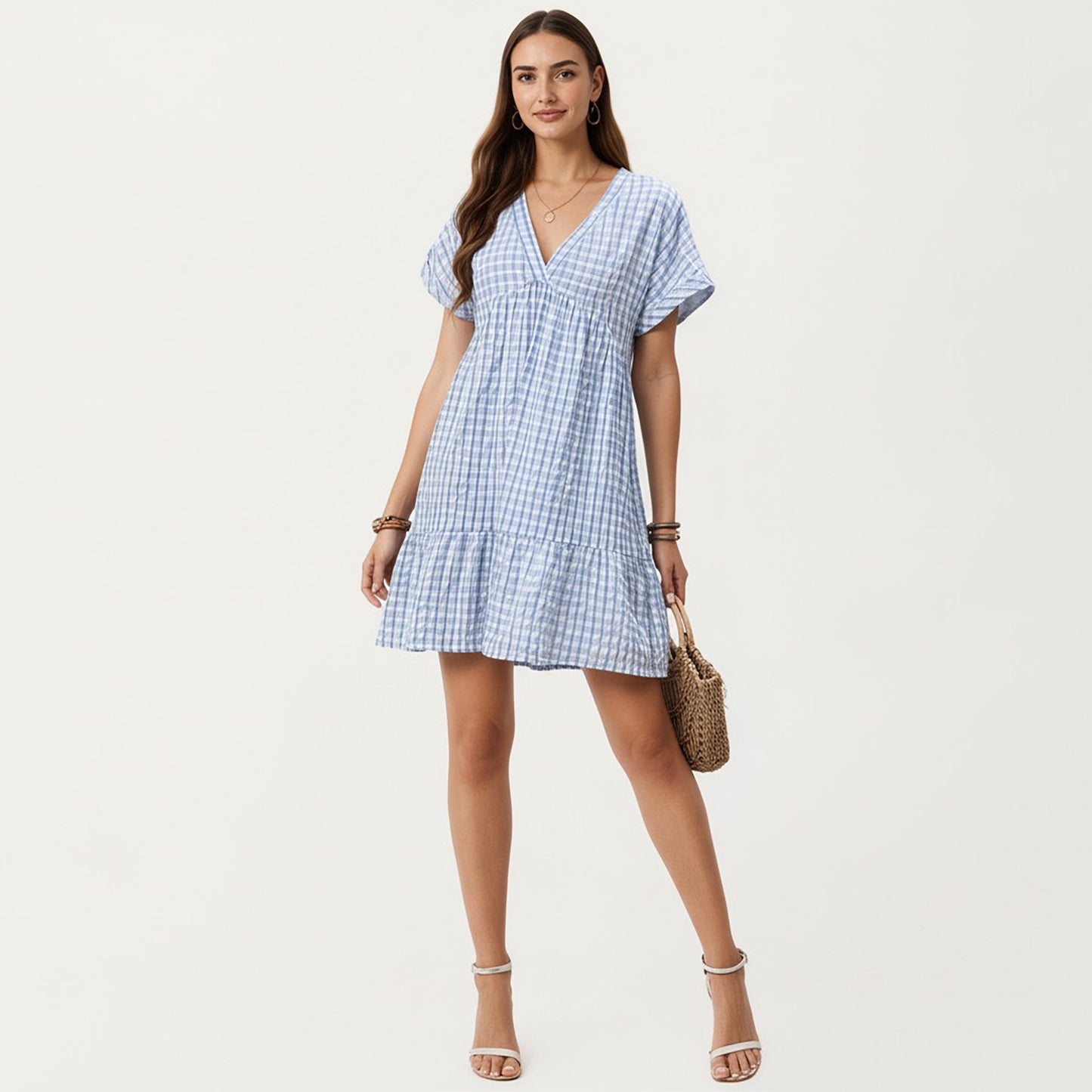 Short Sleeve V Neck Tiered Mini Dress with Gingham Pattern