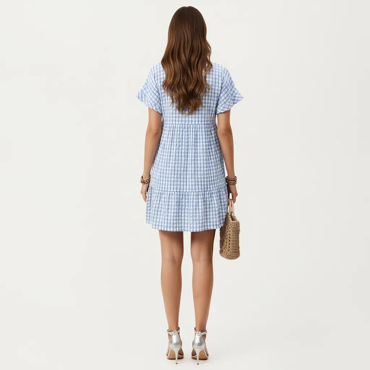 Short Sleeve V Neck Tiered Mini Dress with Gingham Pattern