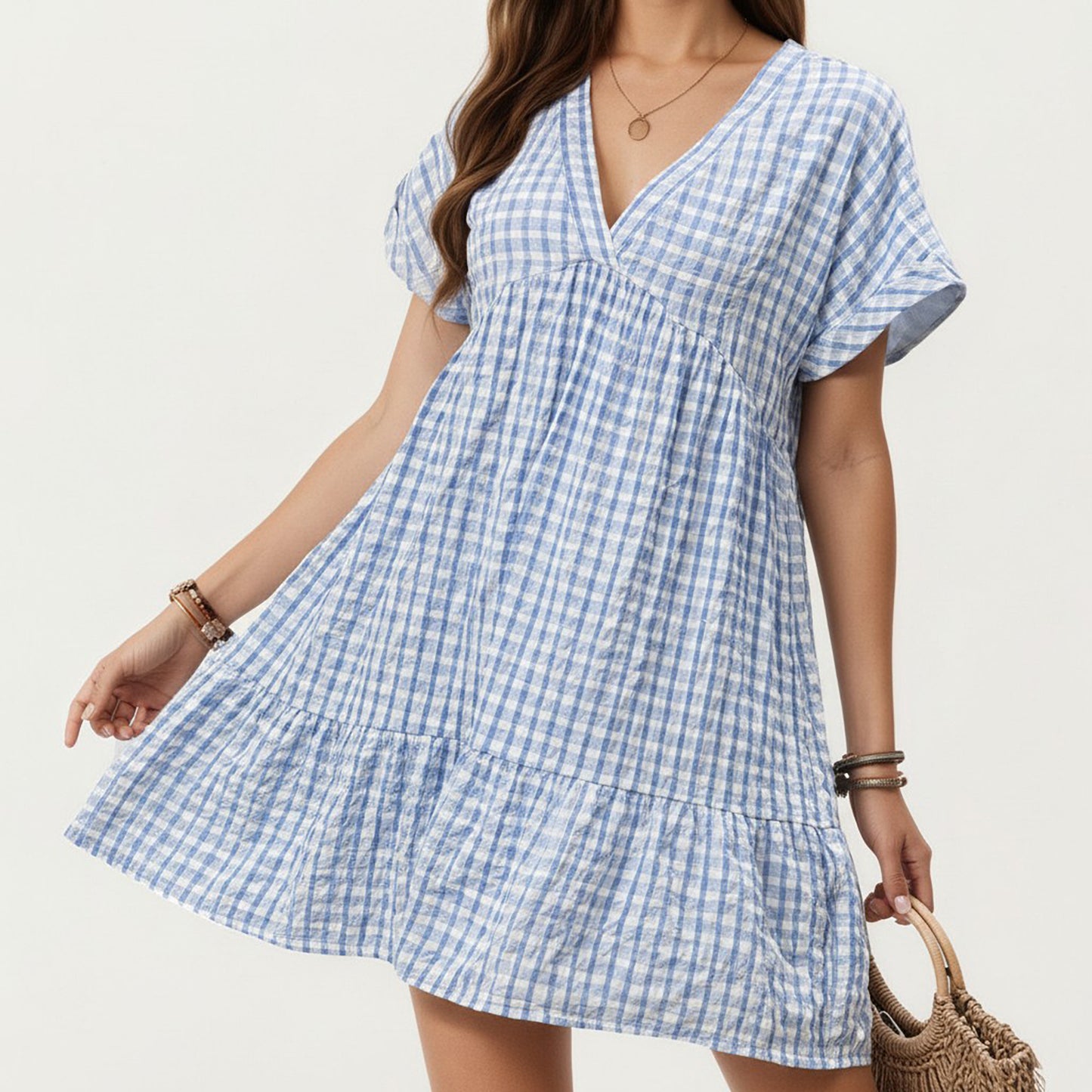Short Sleeve V Neck Tiered Mini Dress with Gingham Pattern
