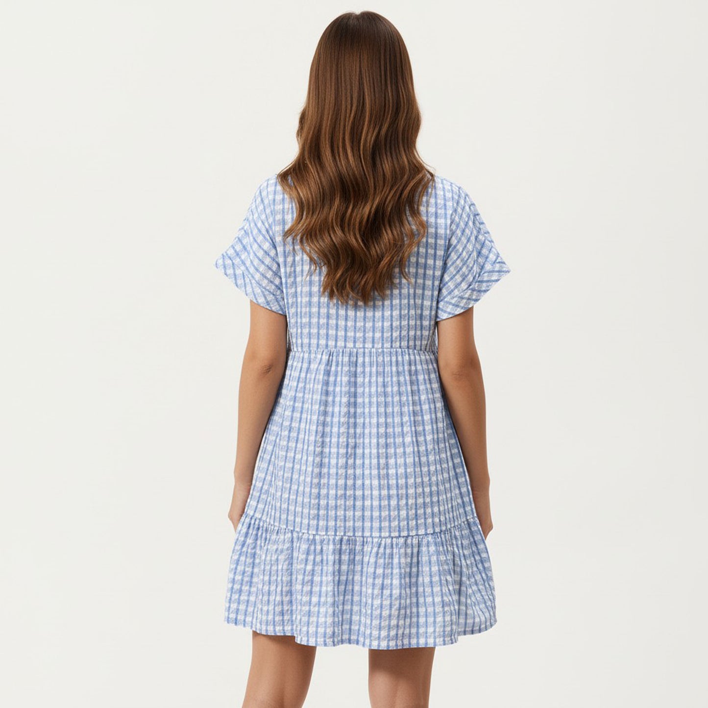 Short Sleeve V Neck Tiered Mini Dress with Gingham Pattern