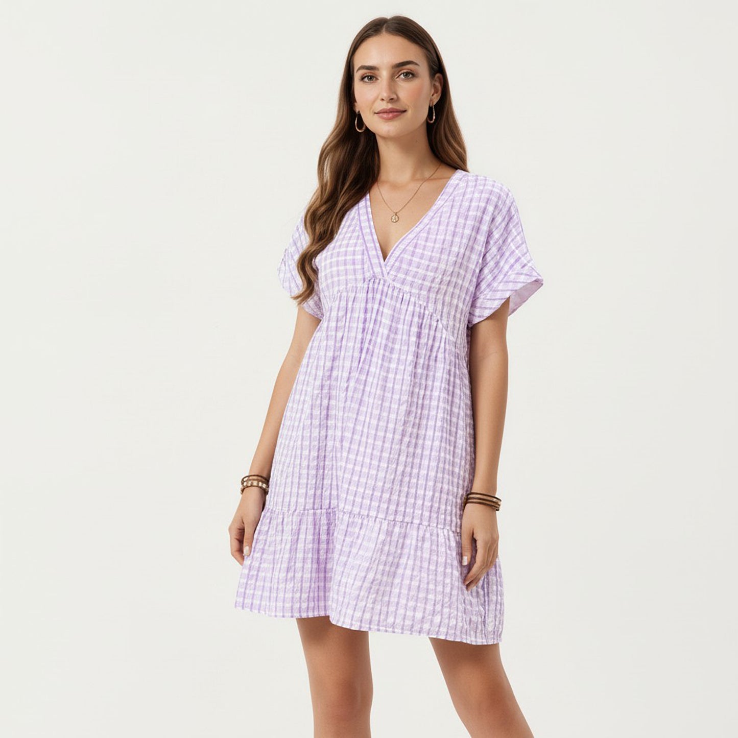 Short Sleeve V Neck Tiered Mini Dress with Gingham Pattern