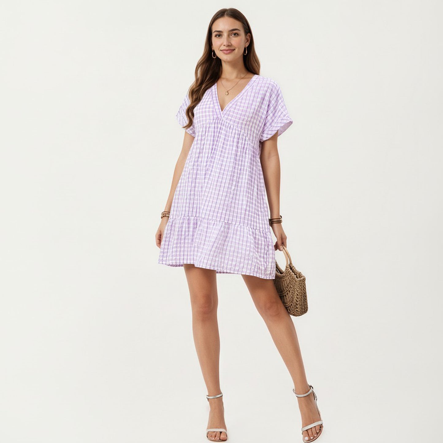 Short Sleeve V Neck Tiered Mini Dress with Gingham Pattern