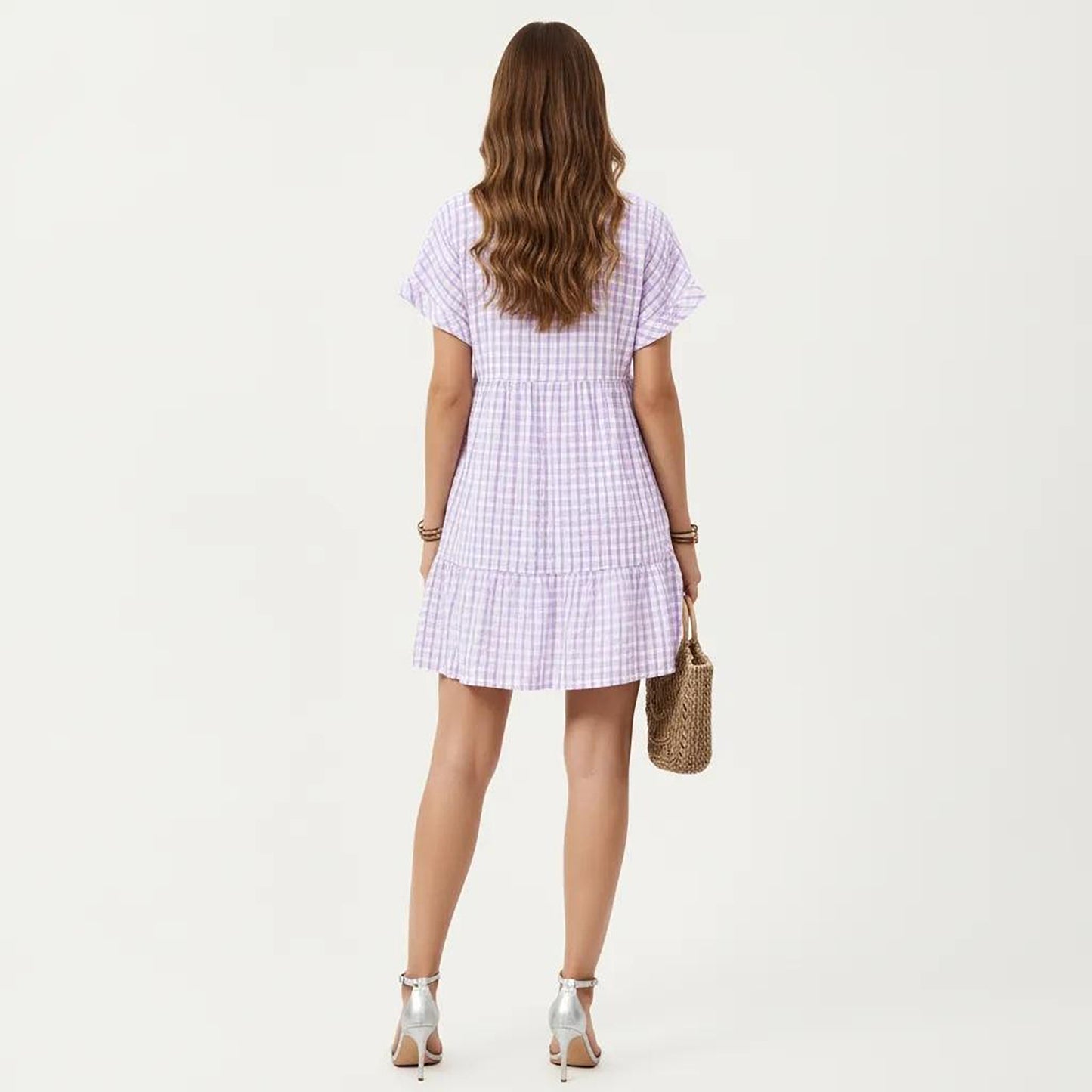 Short Sleeve V Neck Tiered Mini Dress with Gingham Pattern