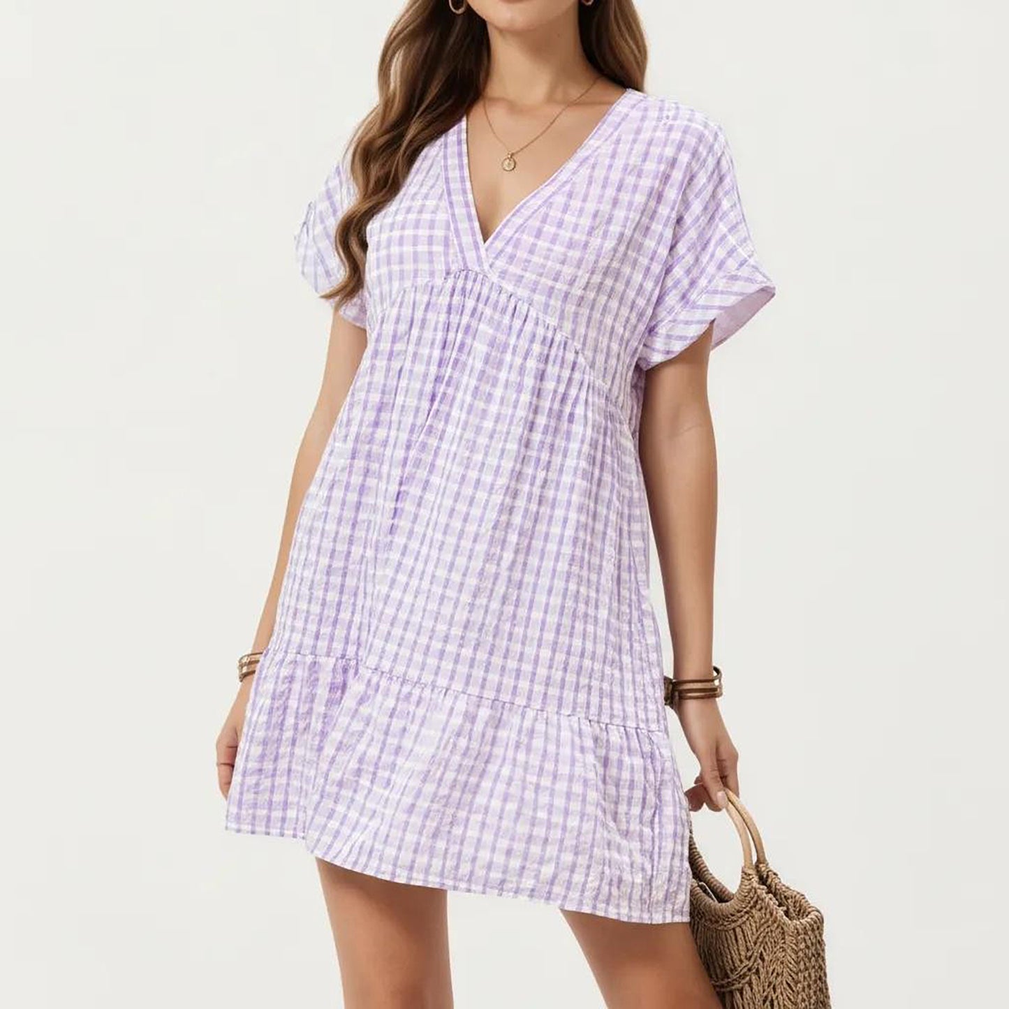 Short Sleeve V Neck Tiered Mini Dress with Gingham Pattern