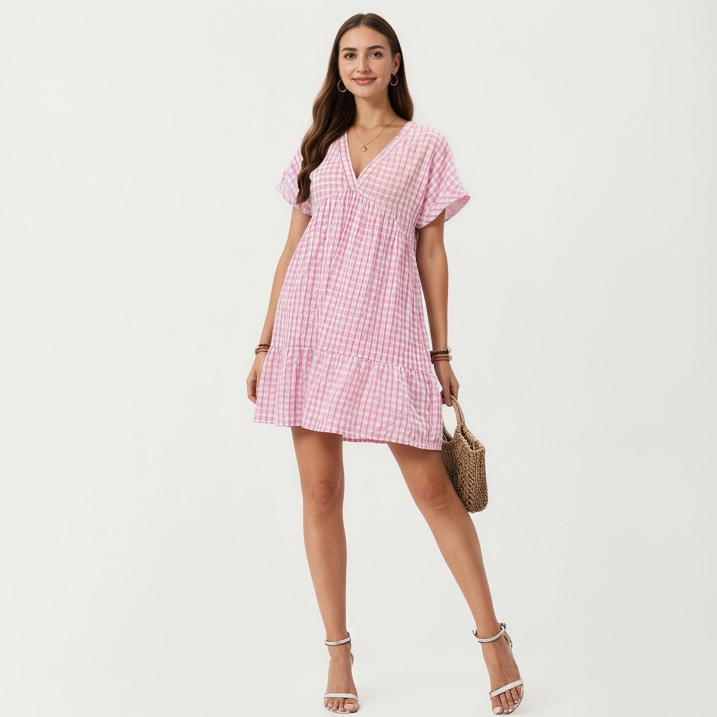 Short Sleeve V Neck Tiered Mini Dress with Gingham Pattern
