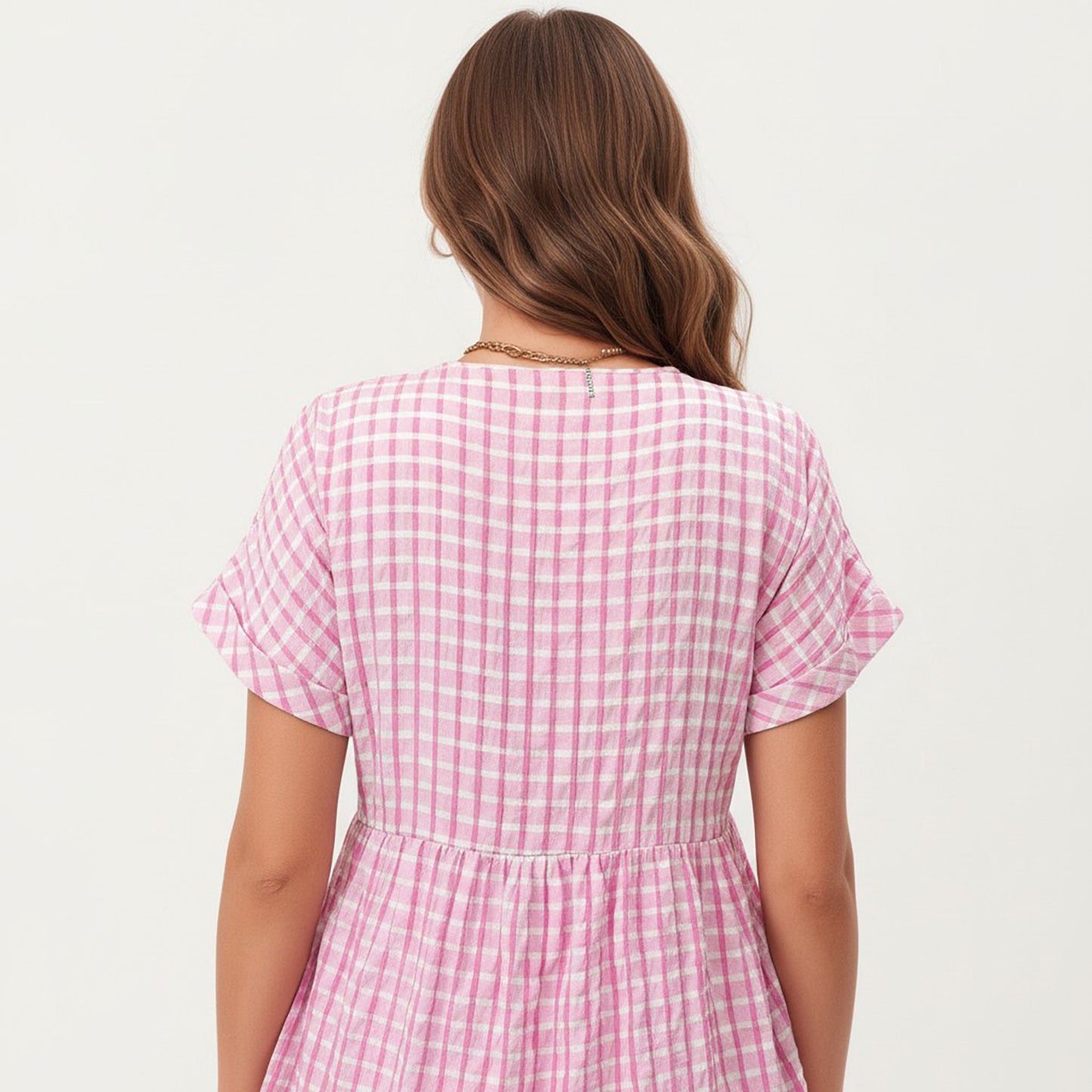 Short Sleeve V Neck Tiered Mini Dress with Gingham Pattern