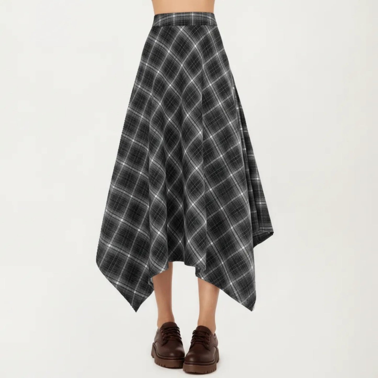 Asymmetrical Plaid Midi Skirt with Handkerchief Hem and Flowy Silhouette