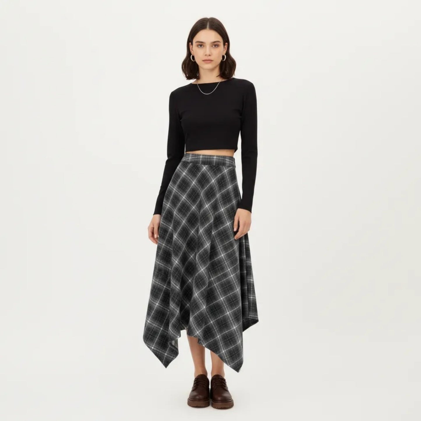 Asymmetrical Plaid Midi Skirt with Handkerchief Hem and Flowy Silhouette