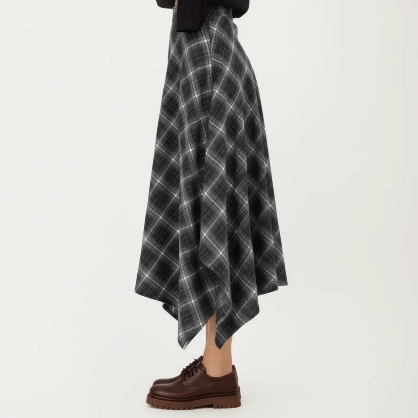 Asymmetrical Plaid Midi Skirt with Handkerchief Hem and Flowy Silhouette