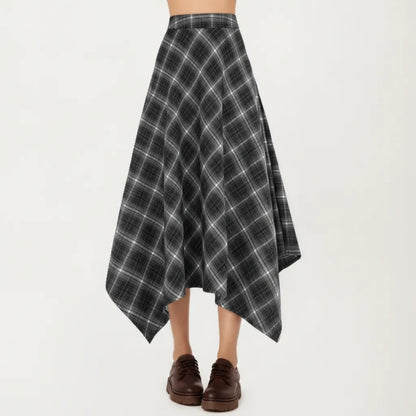 Asymmetrical Plaid Midi Skirt with Handkerchief Hem and Flowy Silhouette