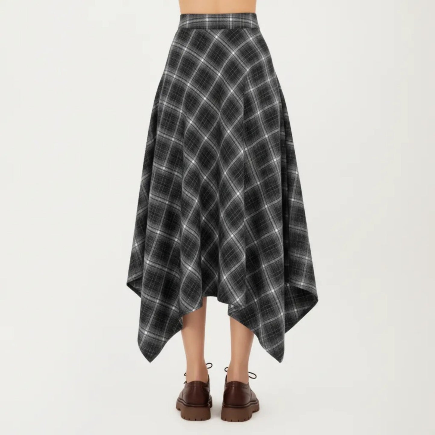 Asymmetrical Plaid Midi Skirt with Handkerchief Hem and Flowy Silhouette