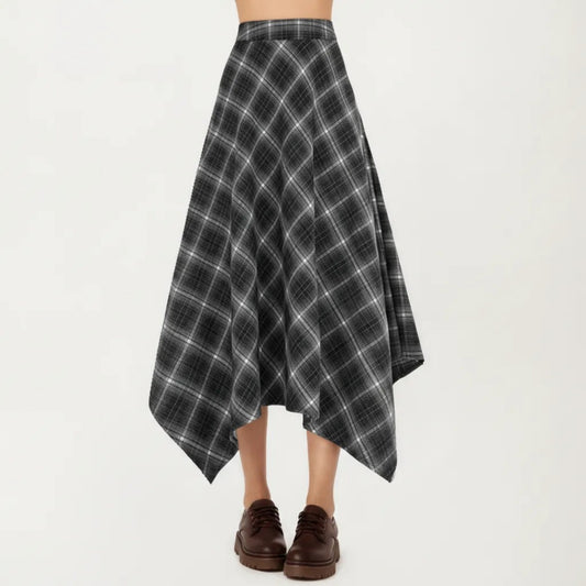 Asymmetrical Plaid Midi Skirt with Handkerchief Hem and Flowy Silhouette
