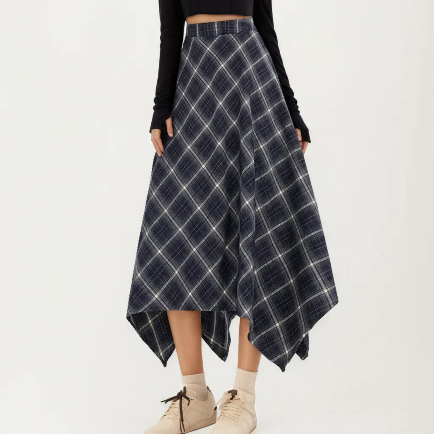 Asymmetrical Plaid Midi Skirt with Handkerchief Hem and Flowy Silhouette