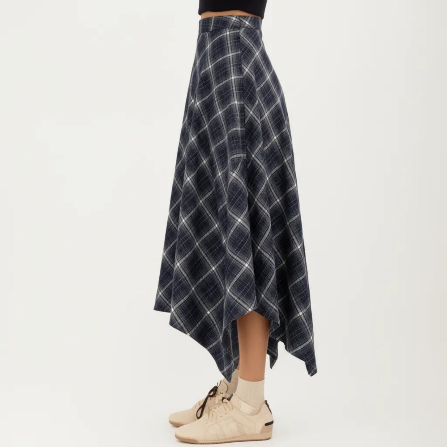 Asymmetrical Plaid Midi Skirt with Handkerchief Hem and Flowy Silhouette