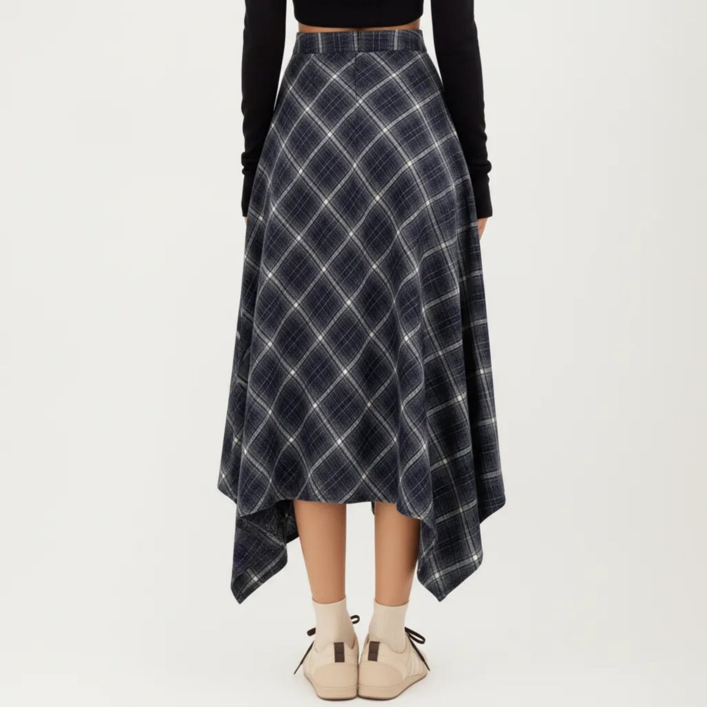 Asymmetrical Plaid Midi Skirt with Handkerchief Hem and Flowy Silhouette