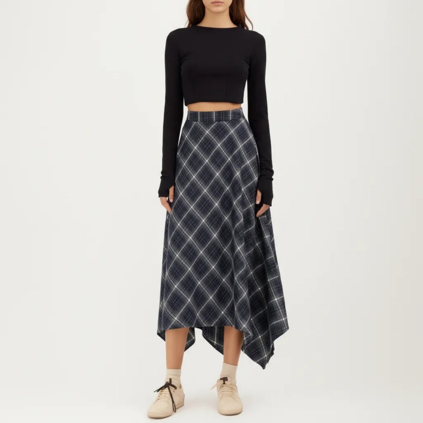 Asymmetrical Plaid Midi Skirt with Handkerchief Hem and Flowy Silhouette