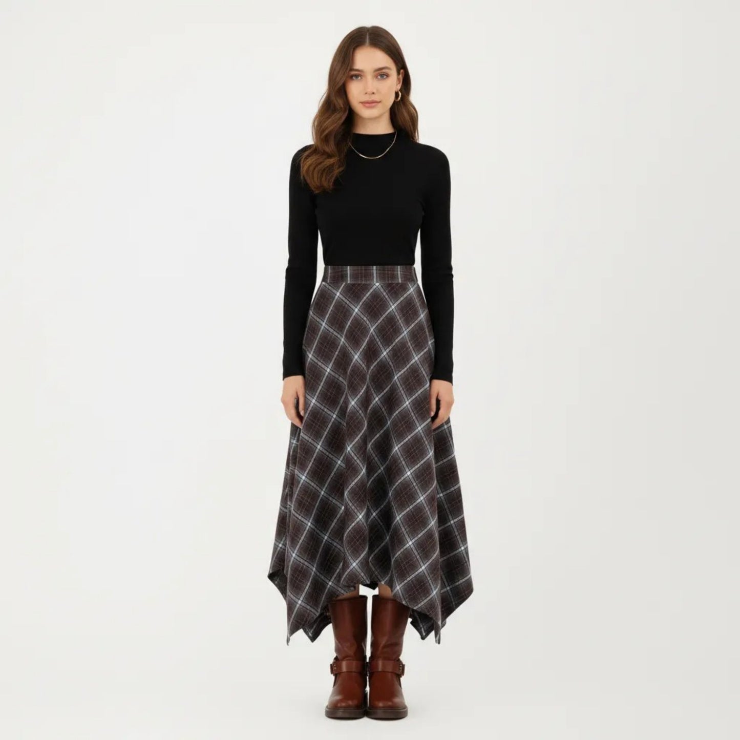 Asymmetrical Plaid Midi Skirt with Handkerchief Hem and Flowy Silhouette