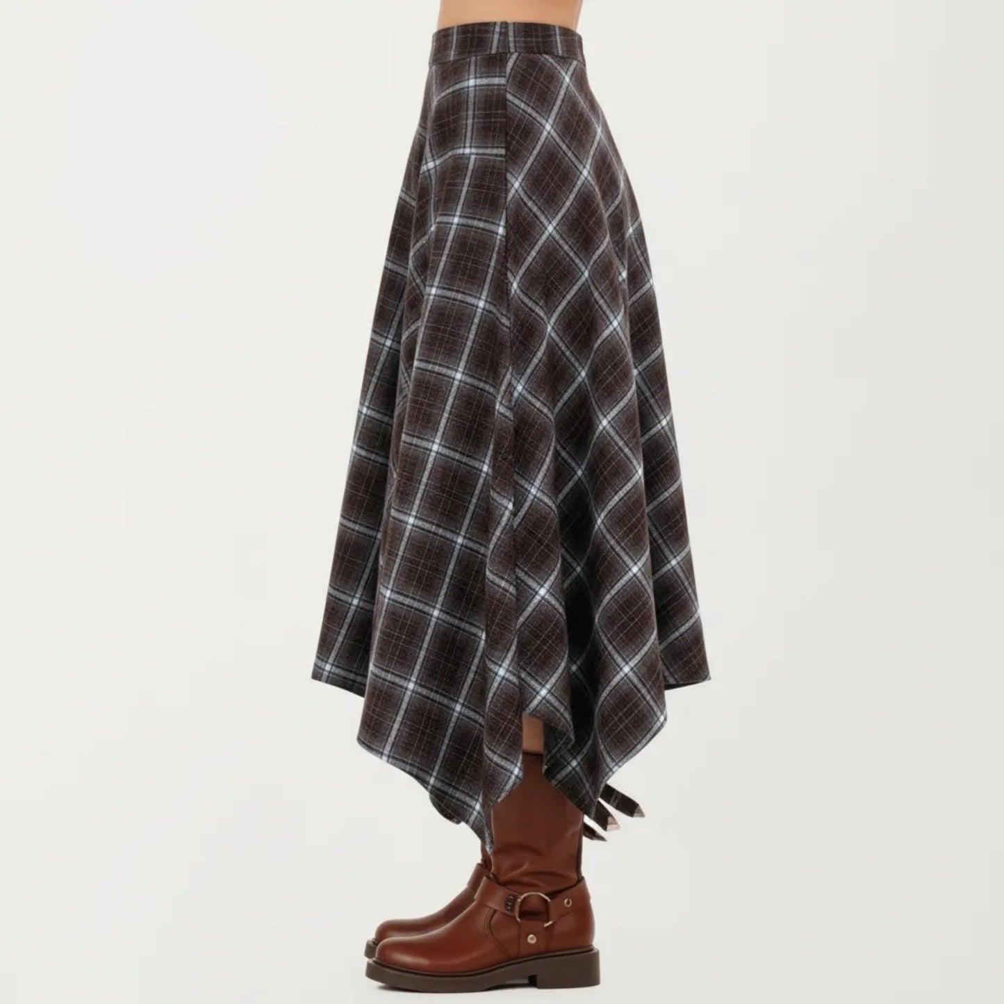 Asymmetrical Plaid Midi Skirt with Handkerchief Hem and Flowy Silhouette