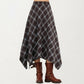 Asymmetrical Plaid Midi Skirt with Handkerchief Hem and Flowy Silhouette