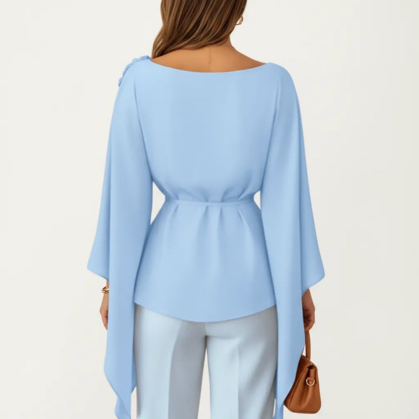 Long Sleeve Asymmetrical Top with Floral Applique and Adjustable Waist Tie