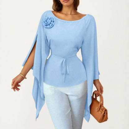 Long Sleeve Asymmetrical Top with Floral Applique and Adjustable Waist Tie