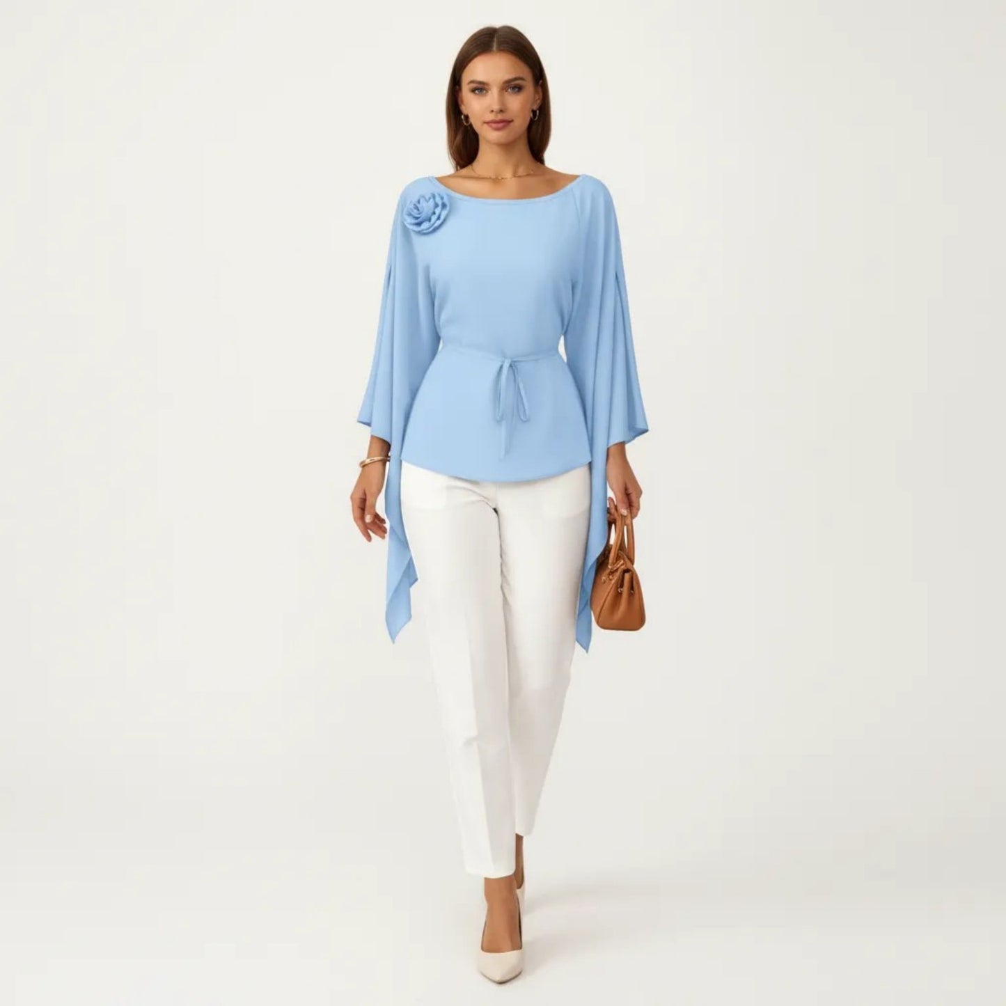 Long Sleeve Asymmetrical Top with Floral Applique and Adjustable Waist Tie