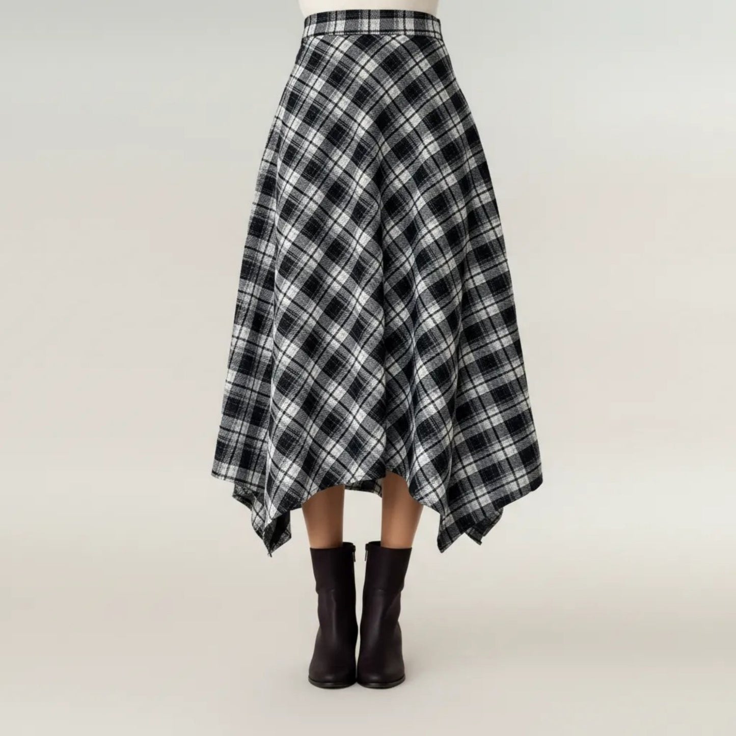 Plaid Midi Skirt with Handkerchief Hem and High Waist Flared Silhouette