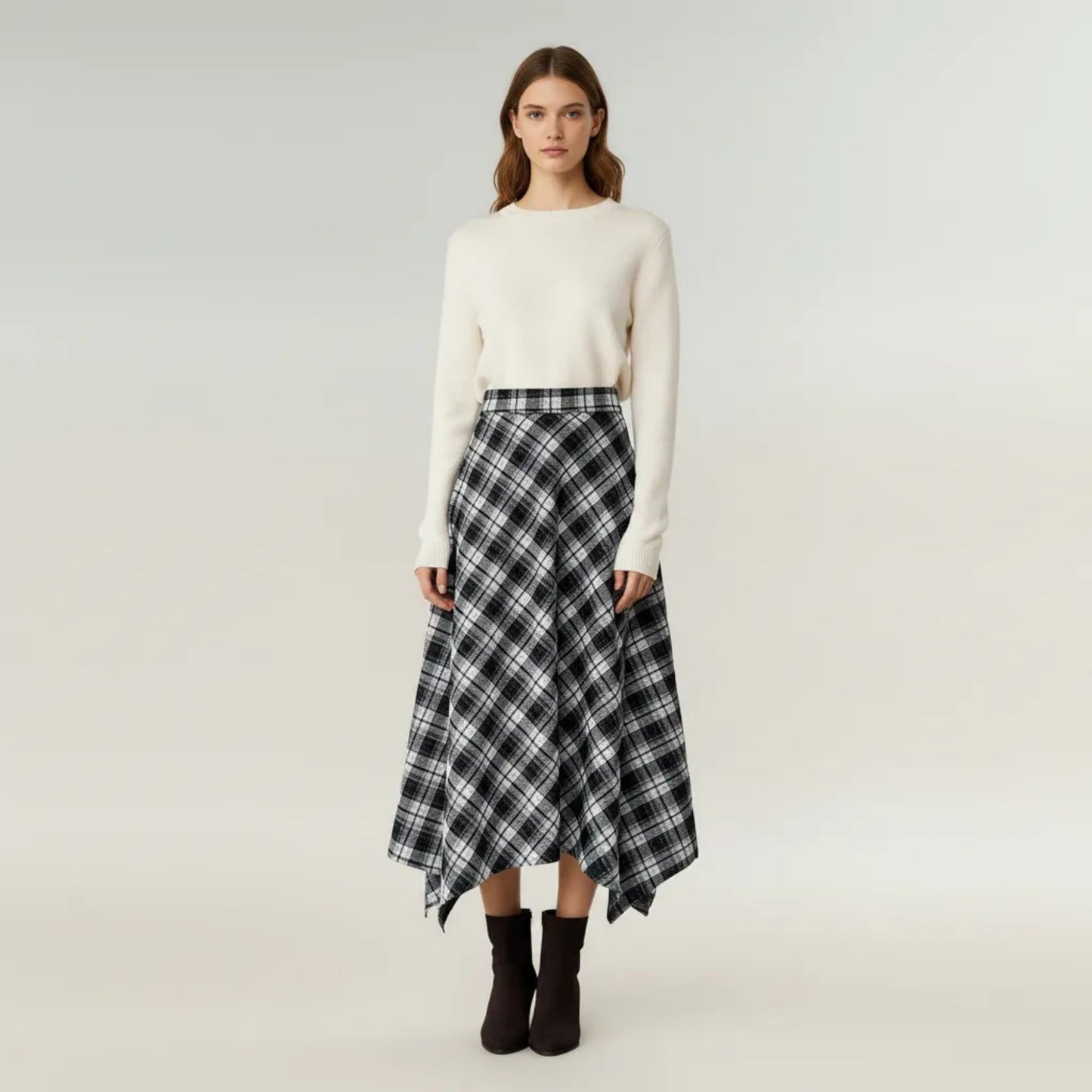 Plaid Midi Skirt with Handkerchief Hem and High Waist Flared Silhouette