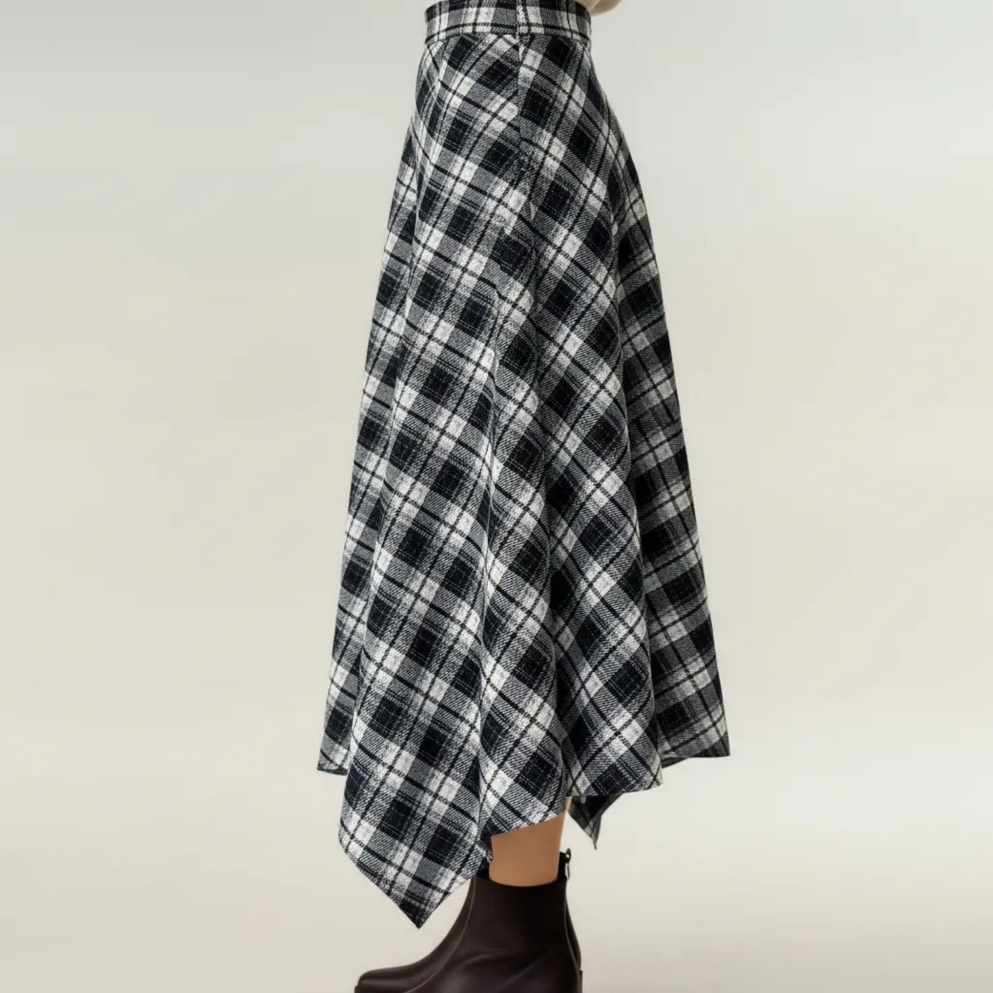 Plaid Midi Skirt with Handkerchief Hem and High Waist Flared Silhouette