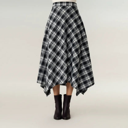 Plaid Midi Skirt with Handkerchief Hem and High Waist Flared Silhouette
