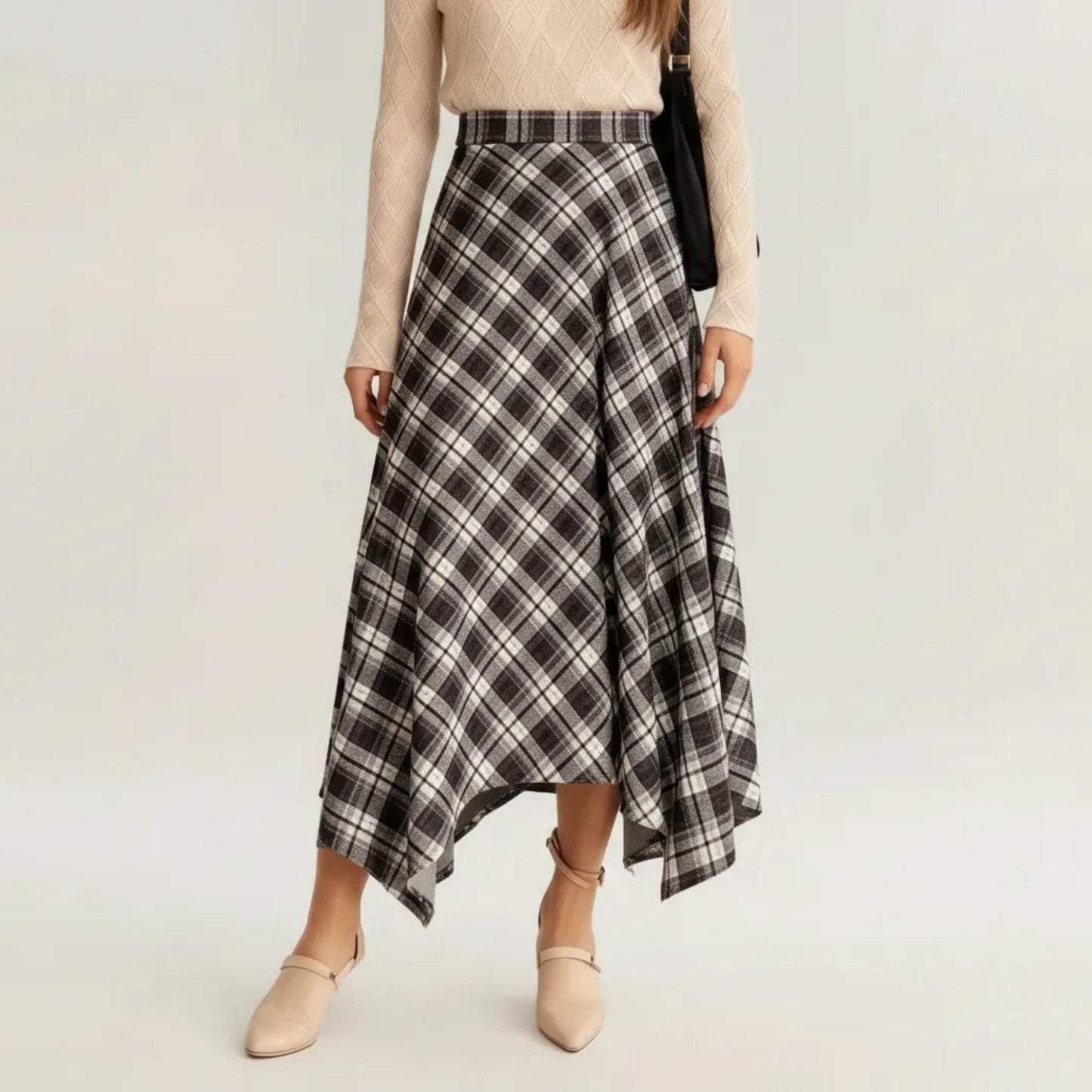 Plaid Midi Skirt with Handkerchief Hem and High Waist Flared Silhouette