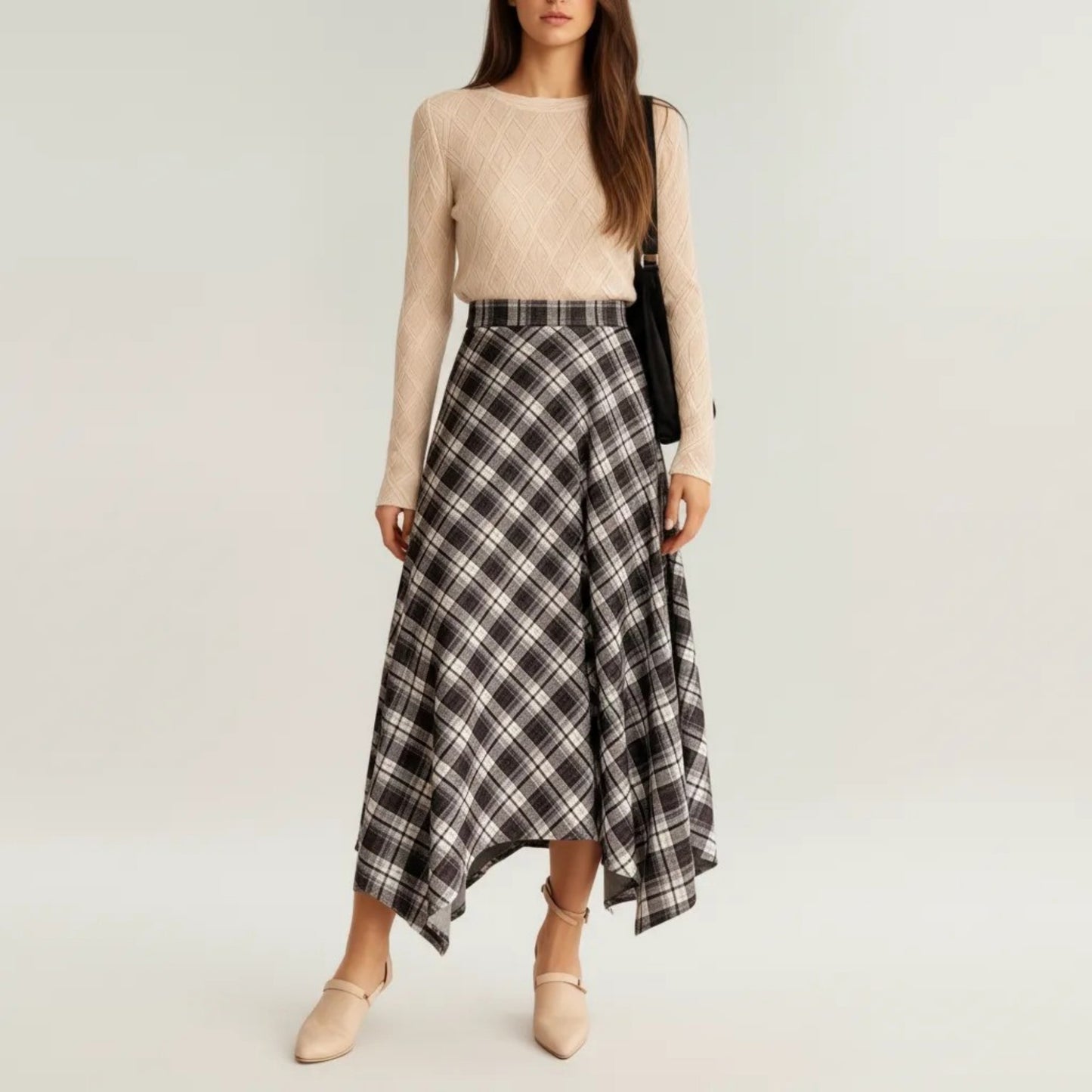 Plaid Midi Skirt with Handkerchief Hem and High Waist Flared Silhouette