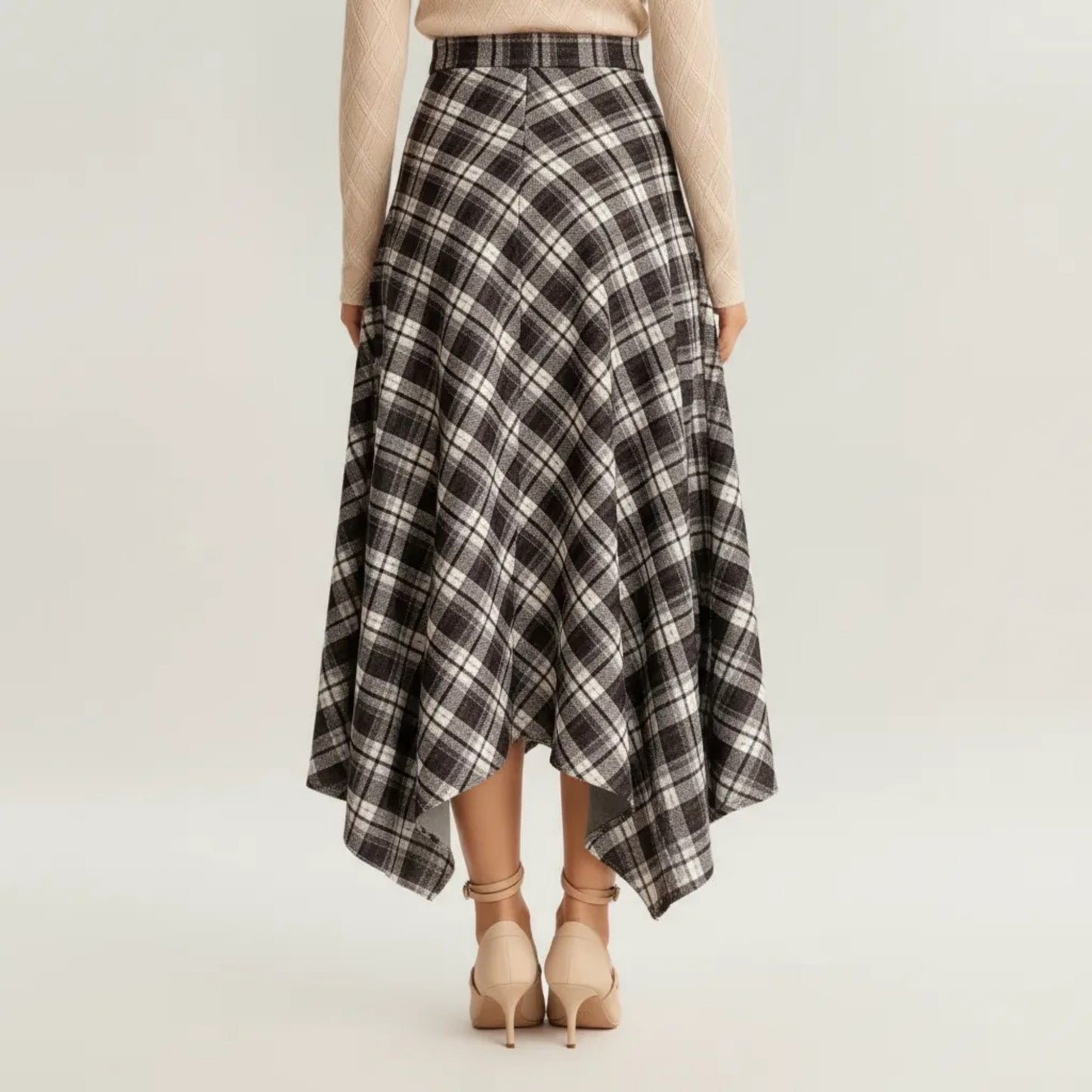 Plaid Midi Skirt with Handkerchief Hem and High Waist Flared Silhouette