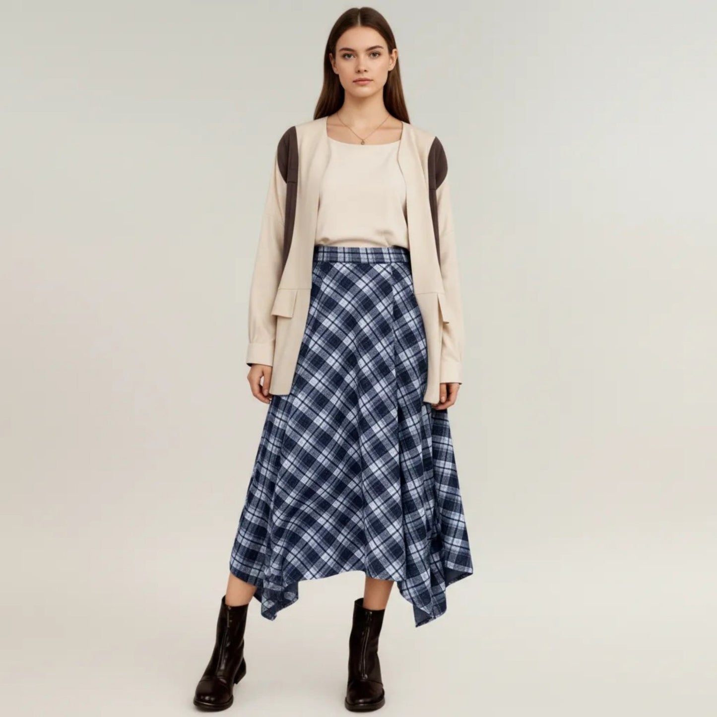 Plaid Midi Skirt with Handkerchief Hem and High Waist Flared Silhouette