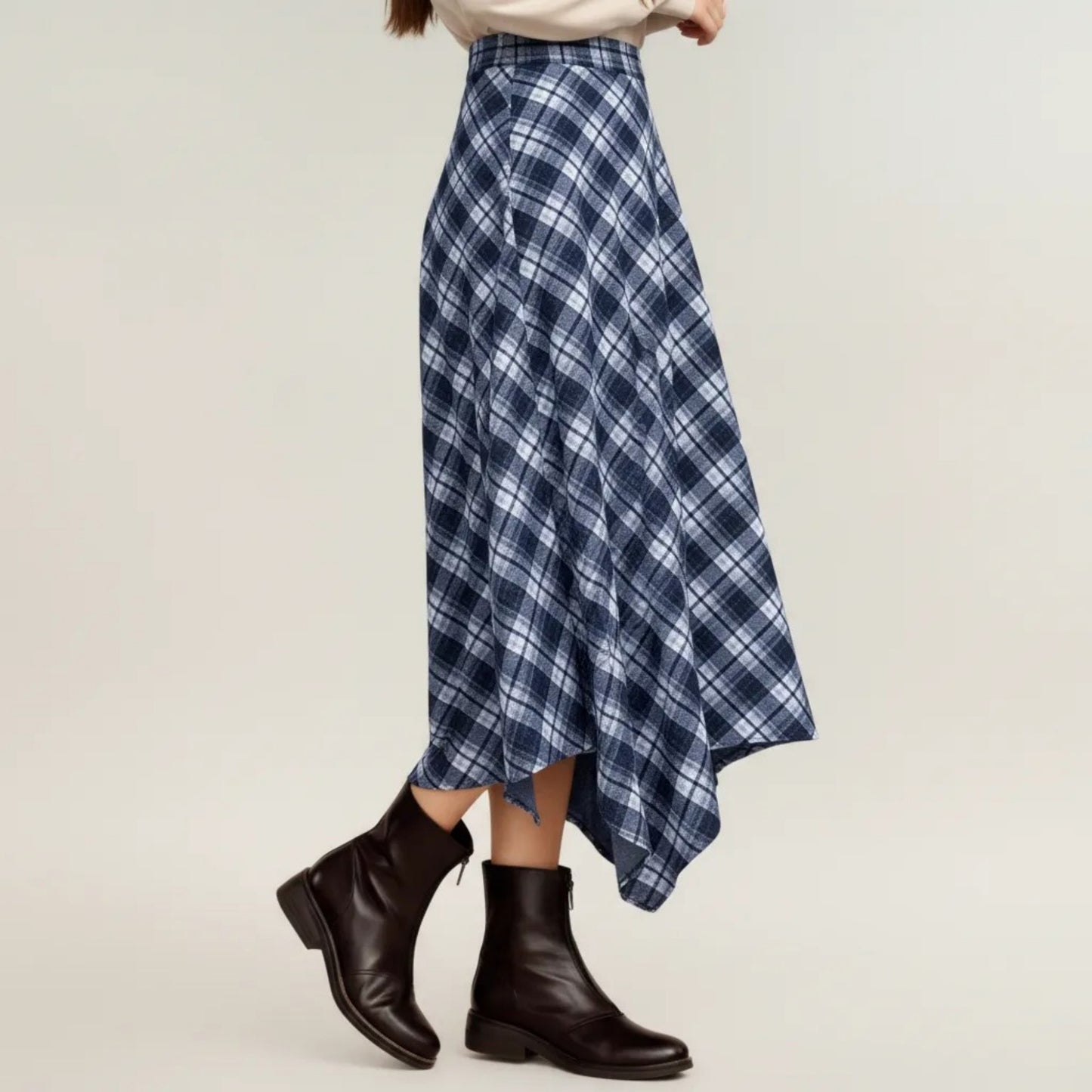 Plaid Midi Skirt with Handkerchief Hem and High Waist Flared Silhouette