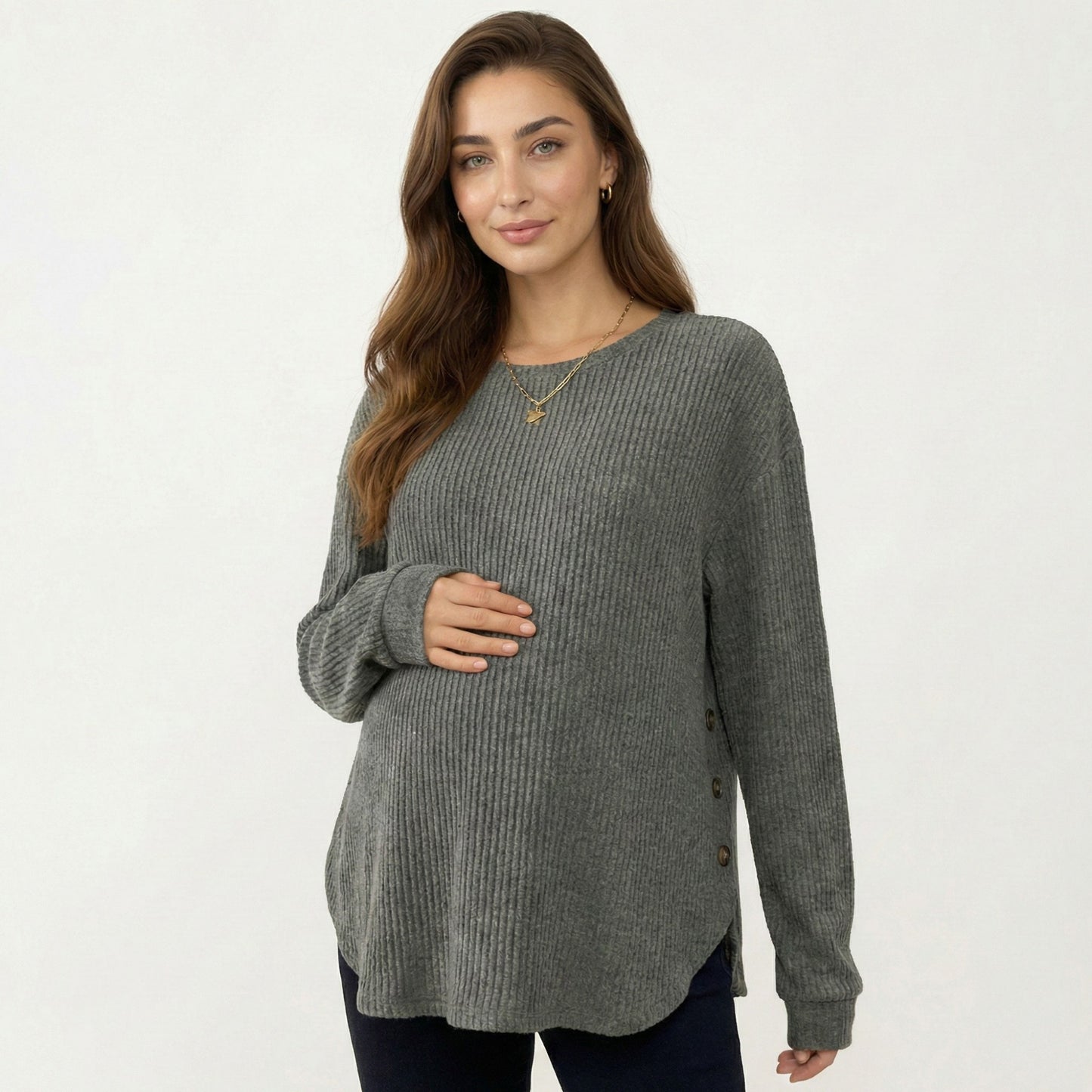 Maternity Long Sleeve Ribbed Knit Top with Crew Neck Side Button Detail