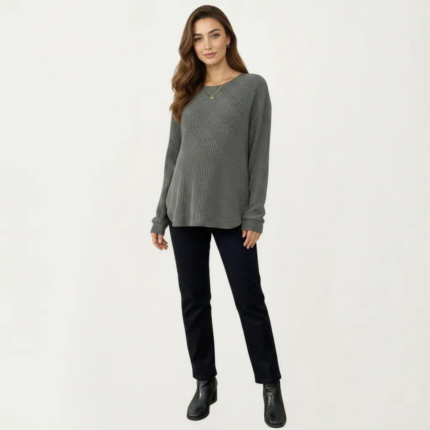 Maternity Long Sleeve Ribbed Knit Top with Crew Neck Side Button Detail