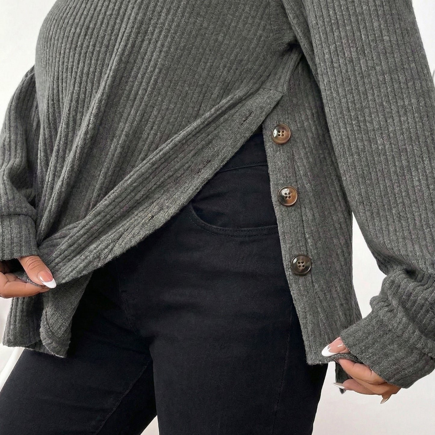 Maternity Long Sleeve Ribbed Knit Top with Crew Neck Side Button Detail