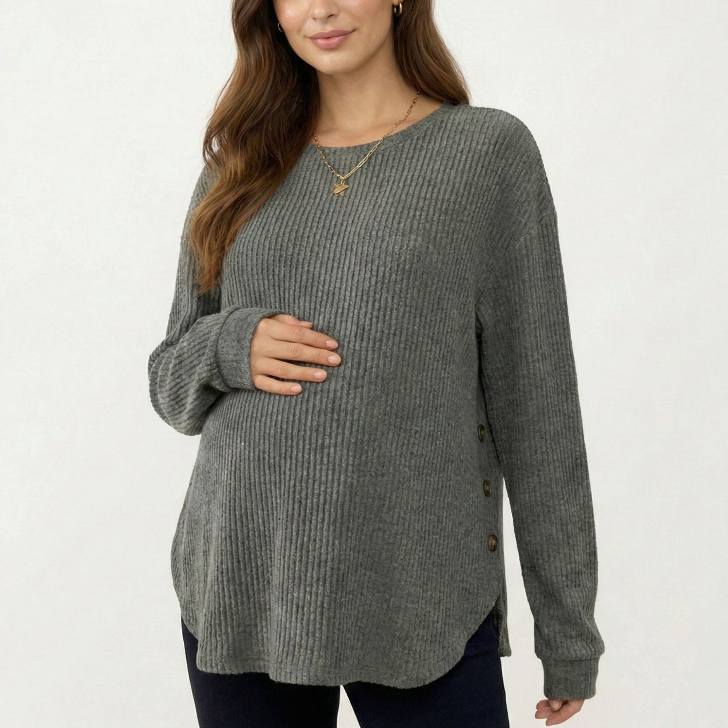 Maternity Long Sleeve Ribbed Knit Top with Crew Neck Side Button Detail