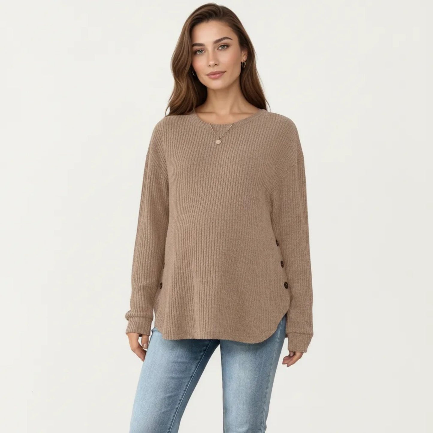 Maternity Long Sleeve Ribbed Knit Top with Crew Neck Side Button Detail