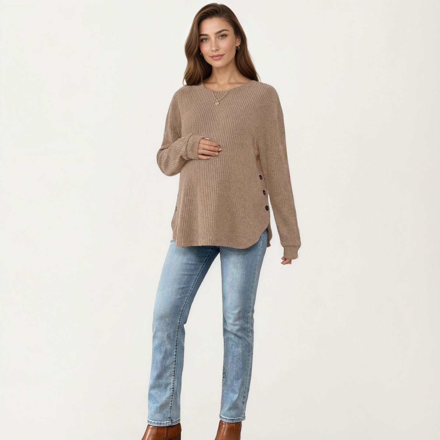 Maternity Long Sleeve Ribbed Knit Top with Crew Neck Side Button Detail